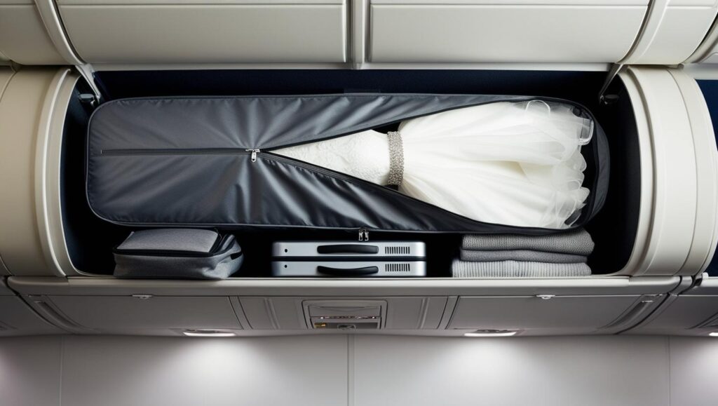 Brautkleid im FLugzeug in Kleidersack